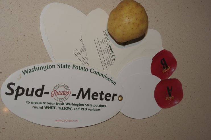 The Spud-O-meter, issued by the USA Washington State Potato Commission, is an example of an optical aid to standardize this sizing in samples.